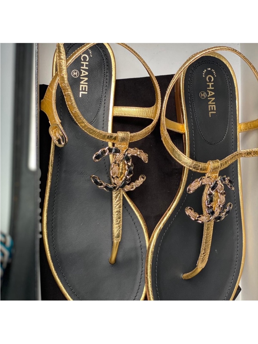 CHANEL Gold Leather CC Thong Sandals with Black Insole
